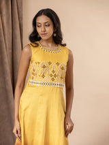 Yellow to brown ombre shaded kali frock with thread and mirror handwork detailing