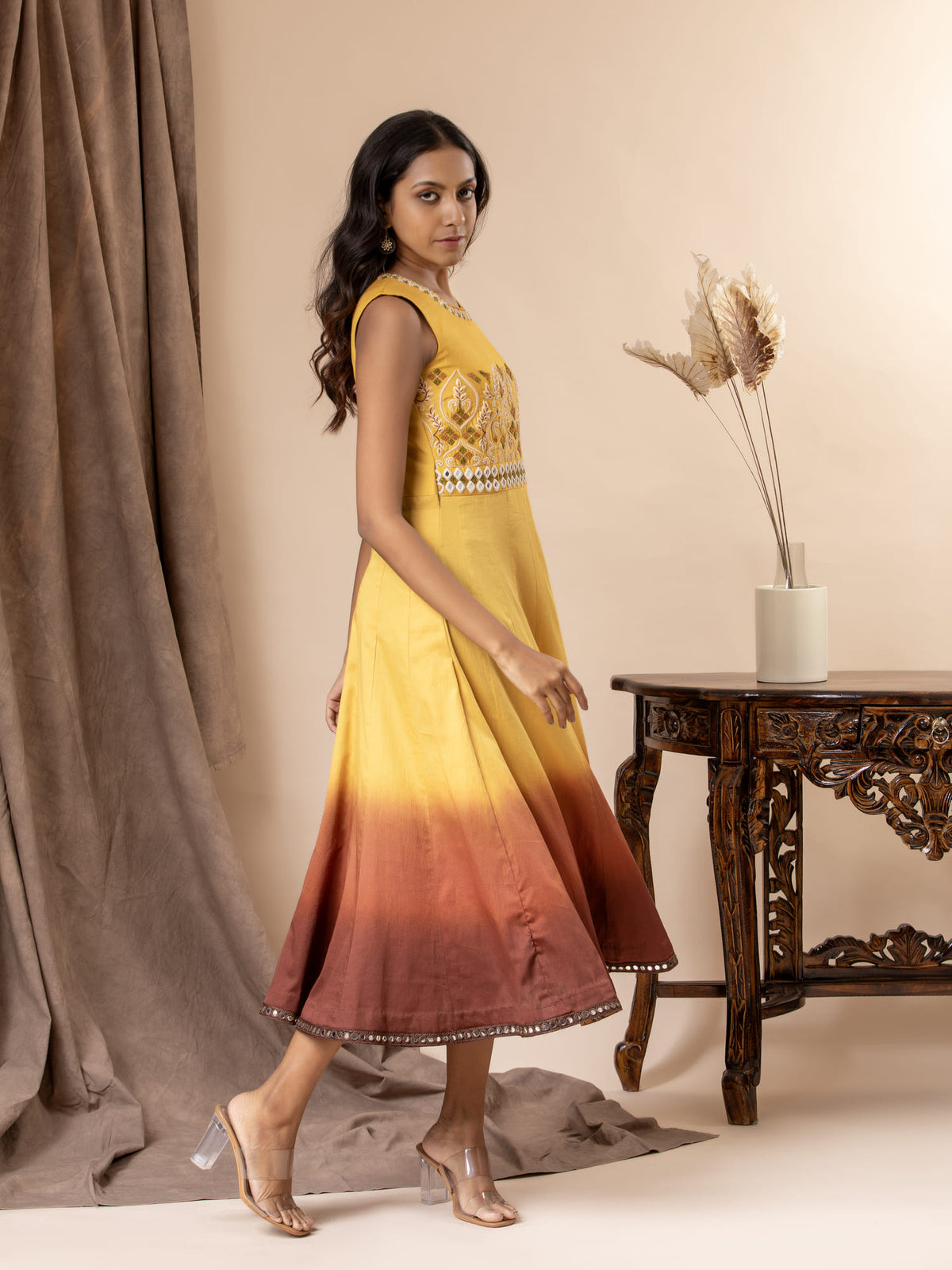 Yellow to brown ombre shaded kali frock with thread and mirror handwork detailing