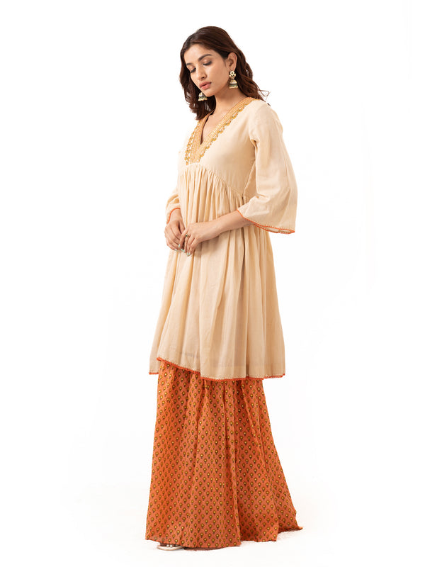 Cotton top with gathers and embroidery with printed Sharara pants