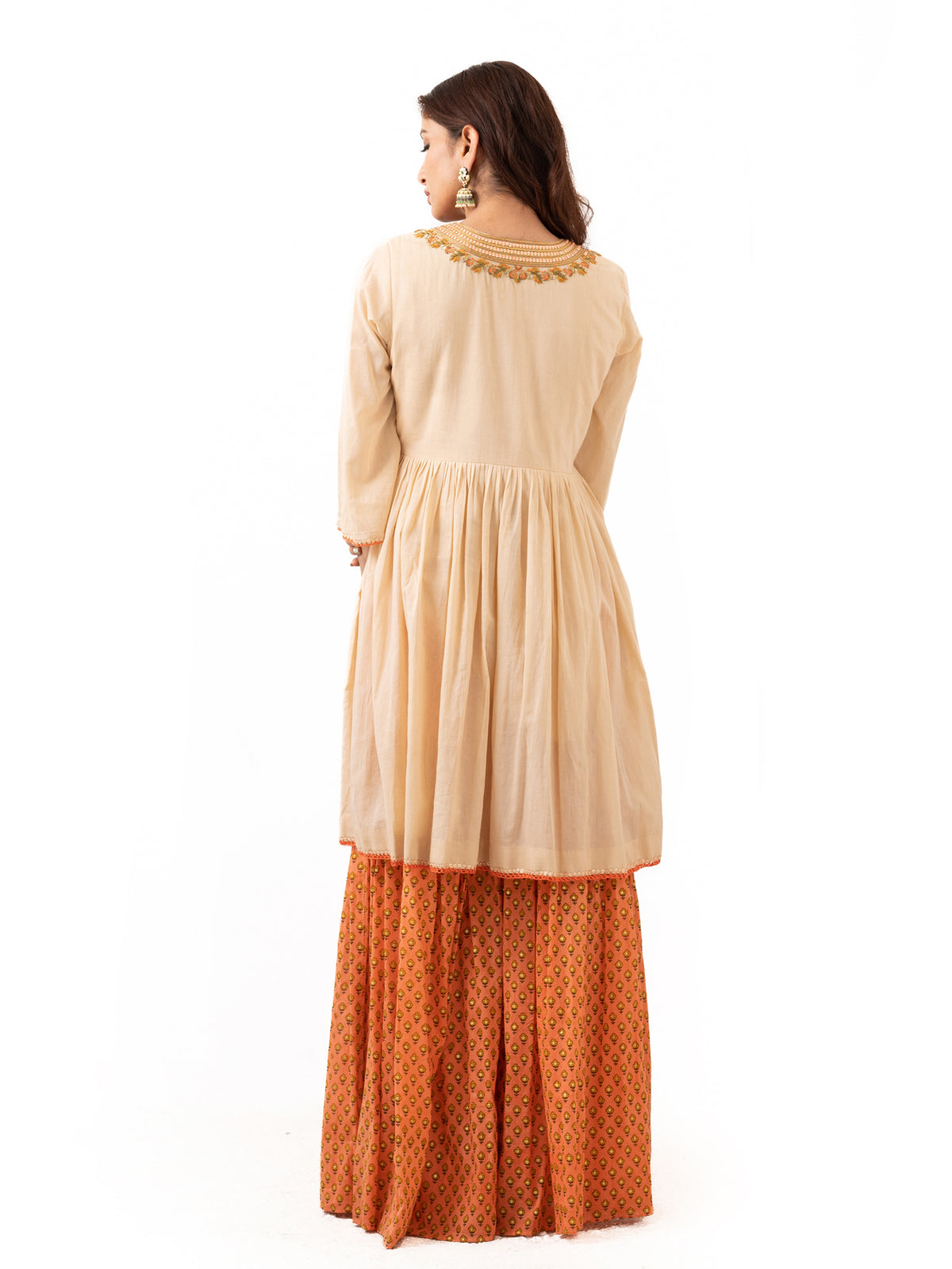 Cotton top with gathers and embroidery with printed Sharara pants