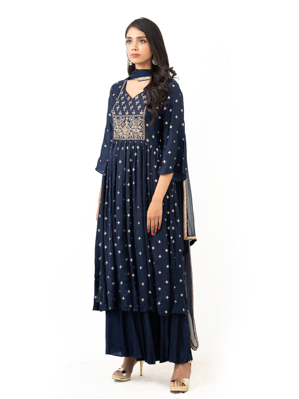 Zari and sequin embroidered top with chiffon dupatta and cut pants