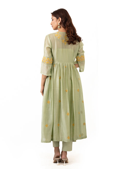 Silk chanderi top with thread, sequin embroidery with straight cut pants