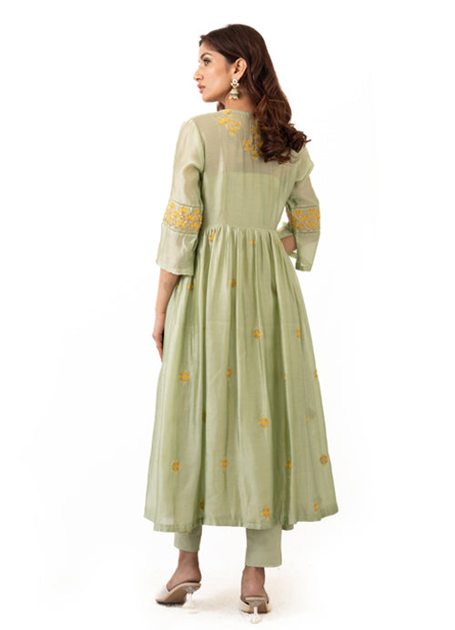 Silk chanderi top with thread, sequin embroidery with straight cut pants