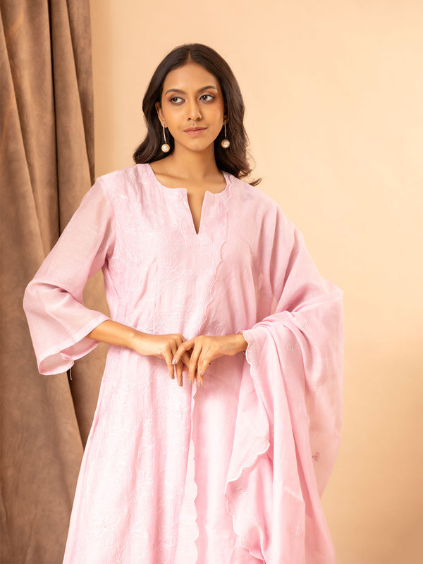 Soft baby pink cotton Chanderi top with all-over thread work, highlighted with sequins, paired with a dupatta featuring thread butti
