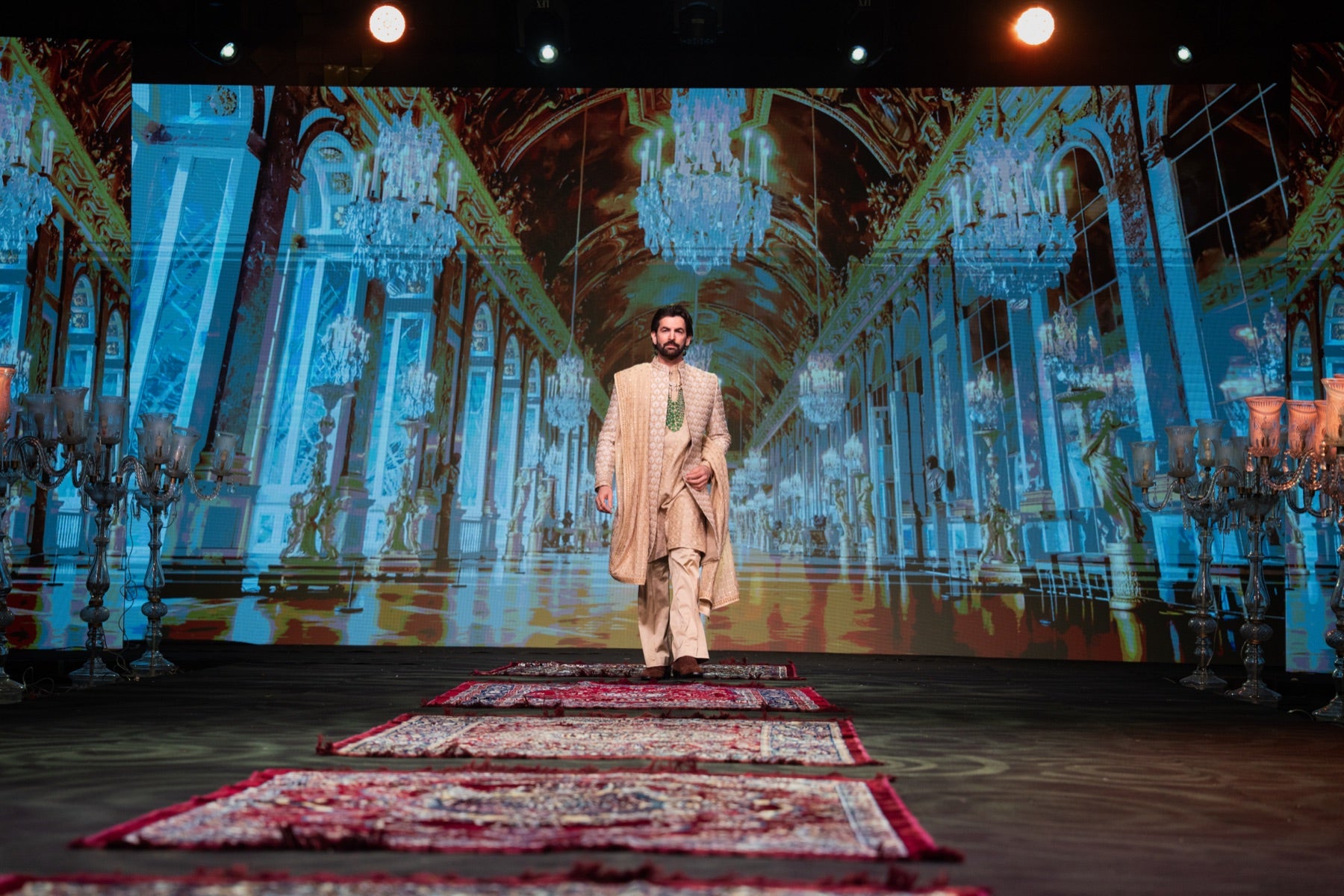 Menswear look on the runway, Hall of Mirrors backdrop
